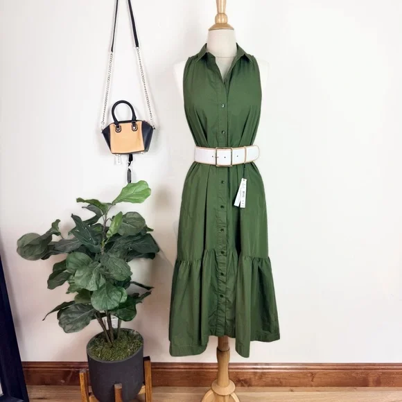 💋Anthropologie Maeve Paola flounce Olive Green Midi Dress - Picture 11 of 11